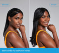 Side-by-side photos of a woman with deep skin tone in an orange top: Left (Before) features straight hair in a ponytail; Right (After), long, loose, smooth hair. Caption: "BondiSandsEU Caramel Technocolor Self Tanning Face Serum for a natural glow on deep skin tones.