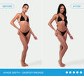 Two images of a woman in a black bikini. The left (Before) shows lighter skin, while the right (After), using Bondi Sands Europe Ultra Express Self Tanning Foam, reveals a deeper bronze tan. Text below: Shade Depth - Deepest Bronze.