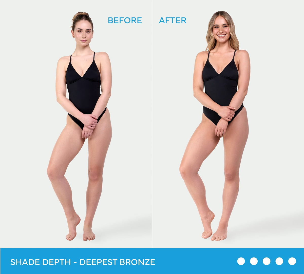 Two women in black swimsuits stand side by side: Before (left) and After (right). The After shows a deeper bronze tan from Bondi Sands Europe Ultra Express Self Tanning Foam. Bottom: SHADE DEPTH - DEEPEST BRONZE with five circles.