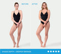 Two women in black swimsuits stand side by side: Before (left) and After (right). The After shows a deeper bronze tan from Bondi Sands Europe Ultra Express Self Tanning Foam. Bottom: SHADE DEPTH - DEEPEST BRONZE with five circles.