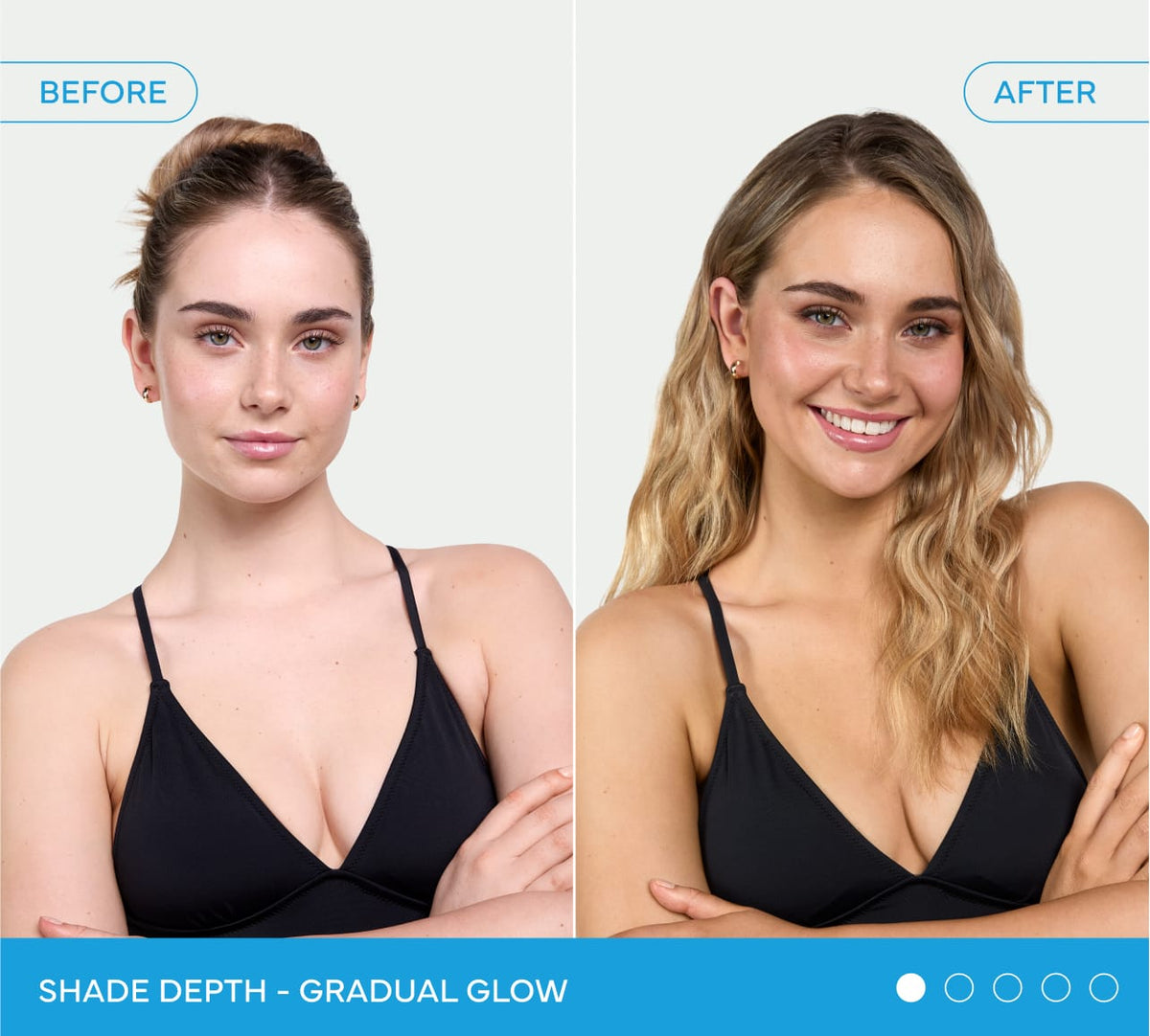 Side-by-side comparison shows a woman before and after using BondiSandsEU Gradual Self Tanning Face Lotion—left: lighter skin, hair up; right: smiling, sun-kissed glow with wavy hair down.