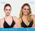 Side-by-side comparison shows a woman before and after using BondiSandsEU Gradual Self Tanning Face Lotion—left: lighter skin, hair up; right: smiling, sun-kissed glow with wavy hair down.