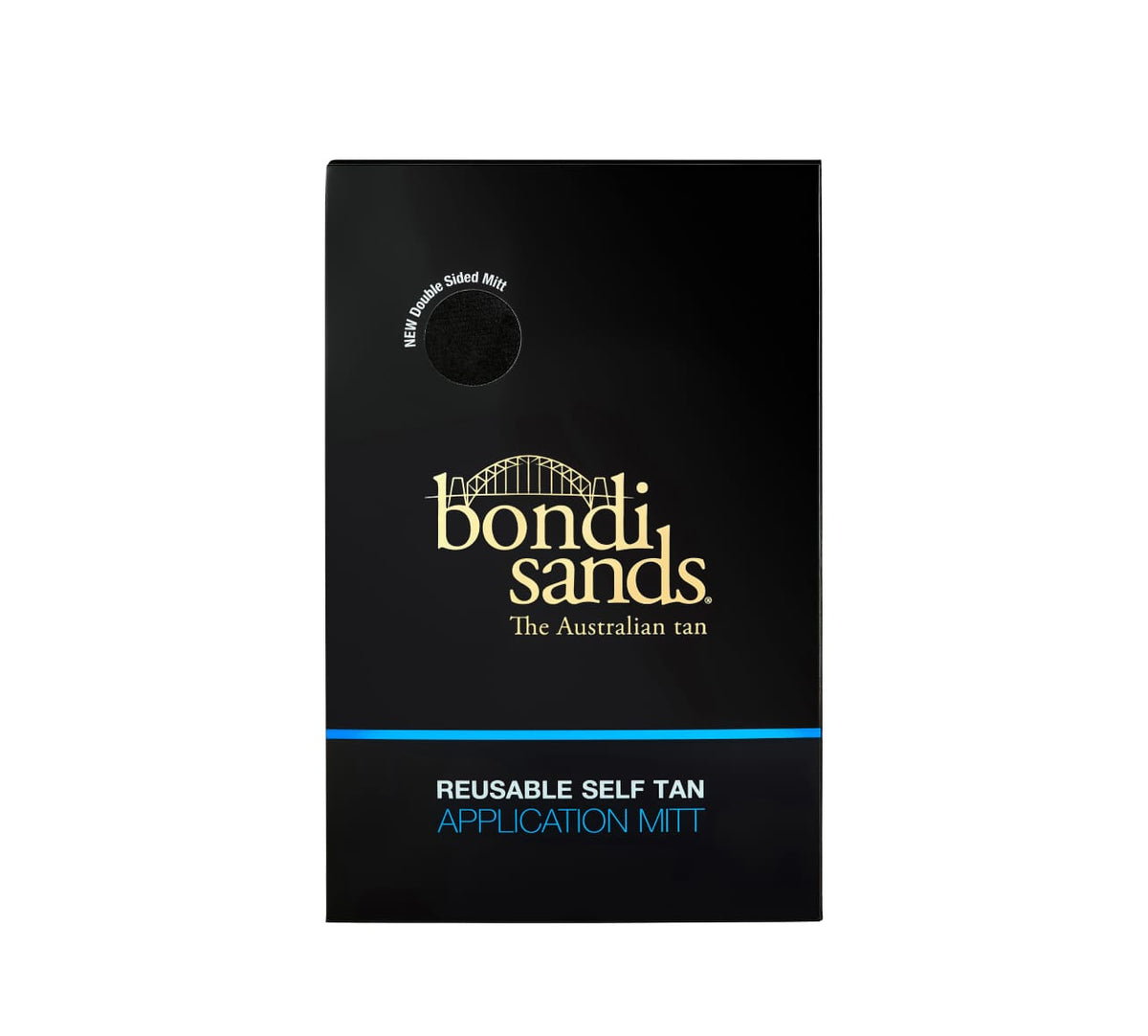 A sleek black package with the BondiSandsEU logo holds the Light/Medium Self Tanning Foam & Application Mitt Bundle—featuring a visible black mitt for a flawless, natural-looking tan.