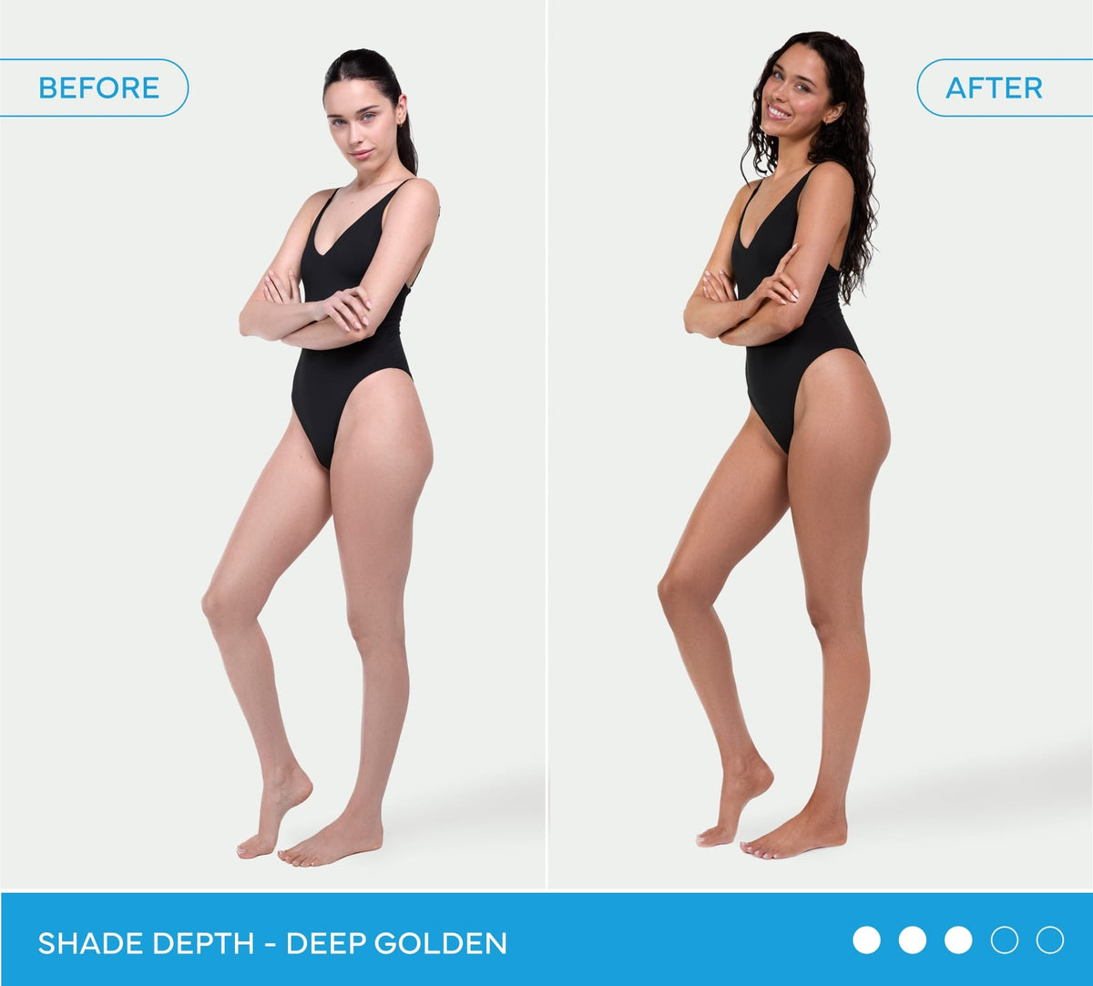 A before-and-after of a woman in a black swimsuit, with lighter skin on the left and a golden glow on the right, highlights the transformative effect of BondiSandsEU Liquid Gold Self Tanning Foam.