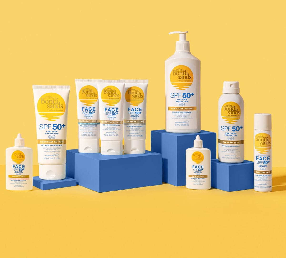 BondiSandsEU Face SPF 50+ Everyday Sunscreen Lotion is displayed on blue platforms against a yellow background, featuring white packaging that highlights its non-comedogenic, high-protection formula for face and body.