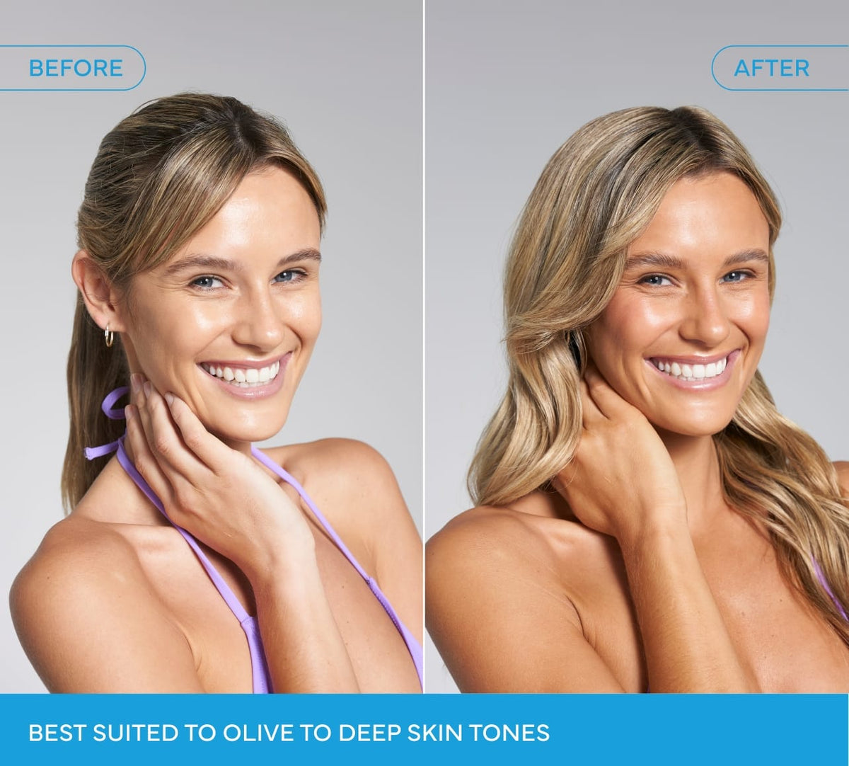 Side-by-side photos show a smiling woman “before” and glowing “after” using BondiSandsEU Magenta Technocolor Self Tanning Face Serum. Text at the bottom: “Best suited to olive-deep skin tones.”.