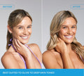 Side-by-side photos show a smiling woman “before” and glowing “after” using BondiSandsEU Magenta Technocolor Self Tanning Face Serum. Text at the bottom: “Best suited to olive-deep skin tones.”.