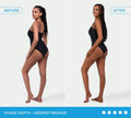 Split image: woman in black swimsuit—lighter skin labeled Before, bronzed skin labeled After. Text reads Shade Depth - Deepest Bronze. Achieve this look with BondiSandsEU Ultra Dark Aero Self Tanning Mousse, Quick Dry Formula.