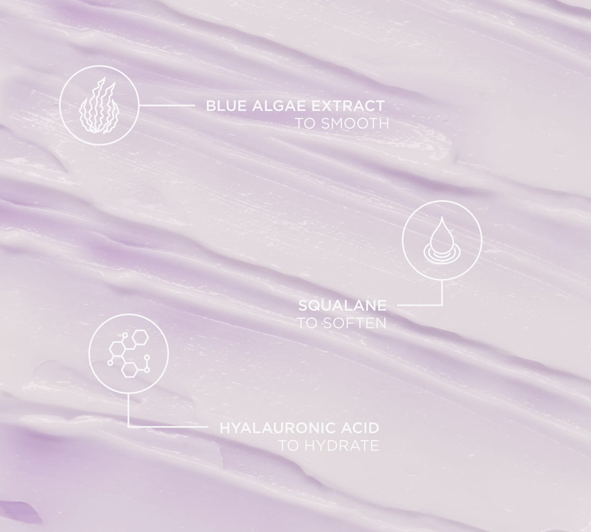 BondiSandsEU Sweet Dreams Night Moisturiser features a lavender cream texture with white icons, highlighting blue algae extract to smooth, squalane to soften, and hyaluronic acid for deep hydration—ideal for overnight skin renewal.
