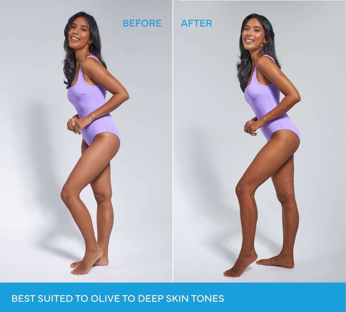 A side-by-side comparison of a woman in a lavender swimsuit showing her skin tone before and after using BondiSandsEU Magenta Technocolor 1 Hour Express Self Tanning Foam, with text noting it is best suited to olive to deep skin tones.