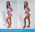 A side-by-side comparison of a woman in a lavender swimsuit showing her skin tone before and after using BondiSandsEU Magenta Technocolor 1 Hour Express Self Tanning Foam, with text noting it is best suited to olive to deep skin tones.