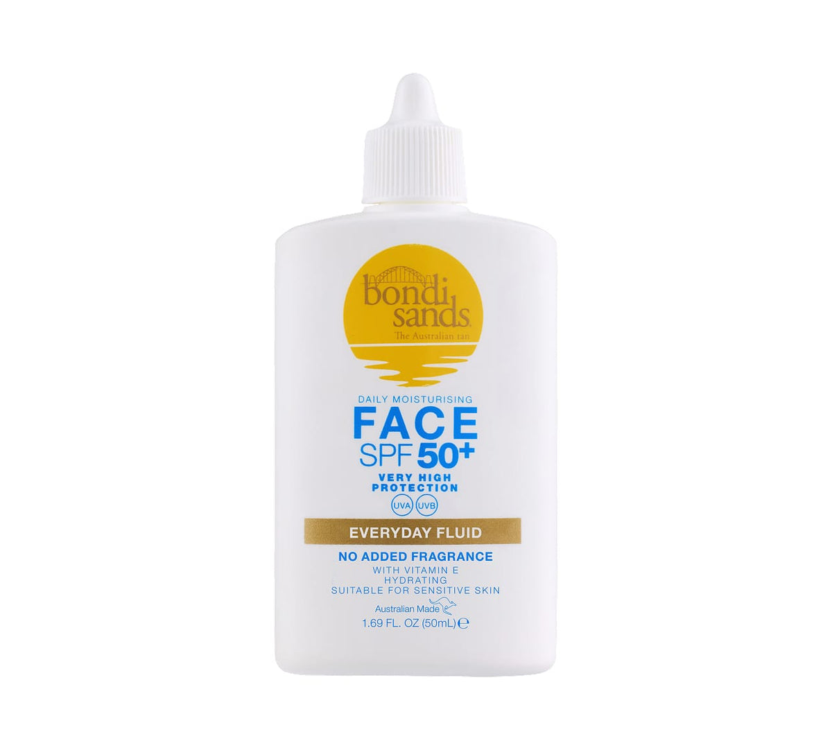 A white bottle from the Bondi Sands Europe SPF Besties Bundle, with a pointed cap, yellow and blue text, gold accent, and labeled as very high protection—ideal for sensitive skin.