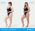 Side-by-side photos of a woman in a black swimsuit, labeled Before and After. The After shows her skin with a deeper bronze glow using BondiSandsEU Dark Self Tanning Routine Bundle. Text: Shade Depth – Deep Bronze.