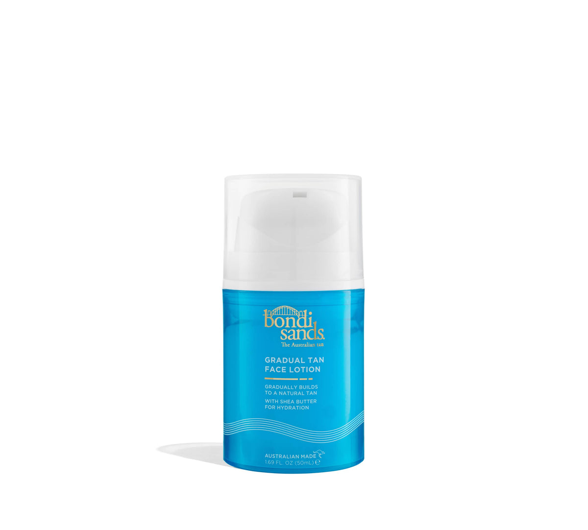 A blue bottle from the BondiSandsEU Gradual Tanning Essentials Bundle with a white pump stands upright against a white background, perfect for gradual self tanning.