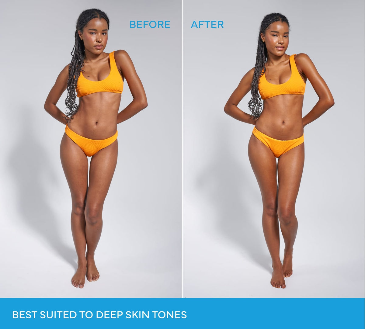 A woman in an orange bikini stands against a gray background. Left: Before. Right: After, her skin looks radiant and smooth with Caramel Technocolor 1 Hour Express Self Tanning Foam by BondiSandsEU. Best for deep skin tones.