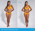 A woman in an orange bikini stands against a gray background. Left: Before. Right: After, her skin looks radiant and smooth with Caramel Technocolor 1 Hour Express Self Tanning Foam by BondiSandsEU. Best for deep skin tones.