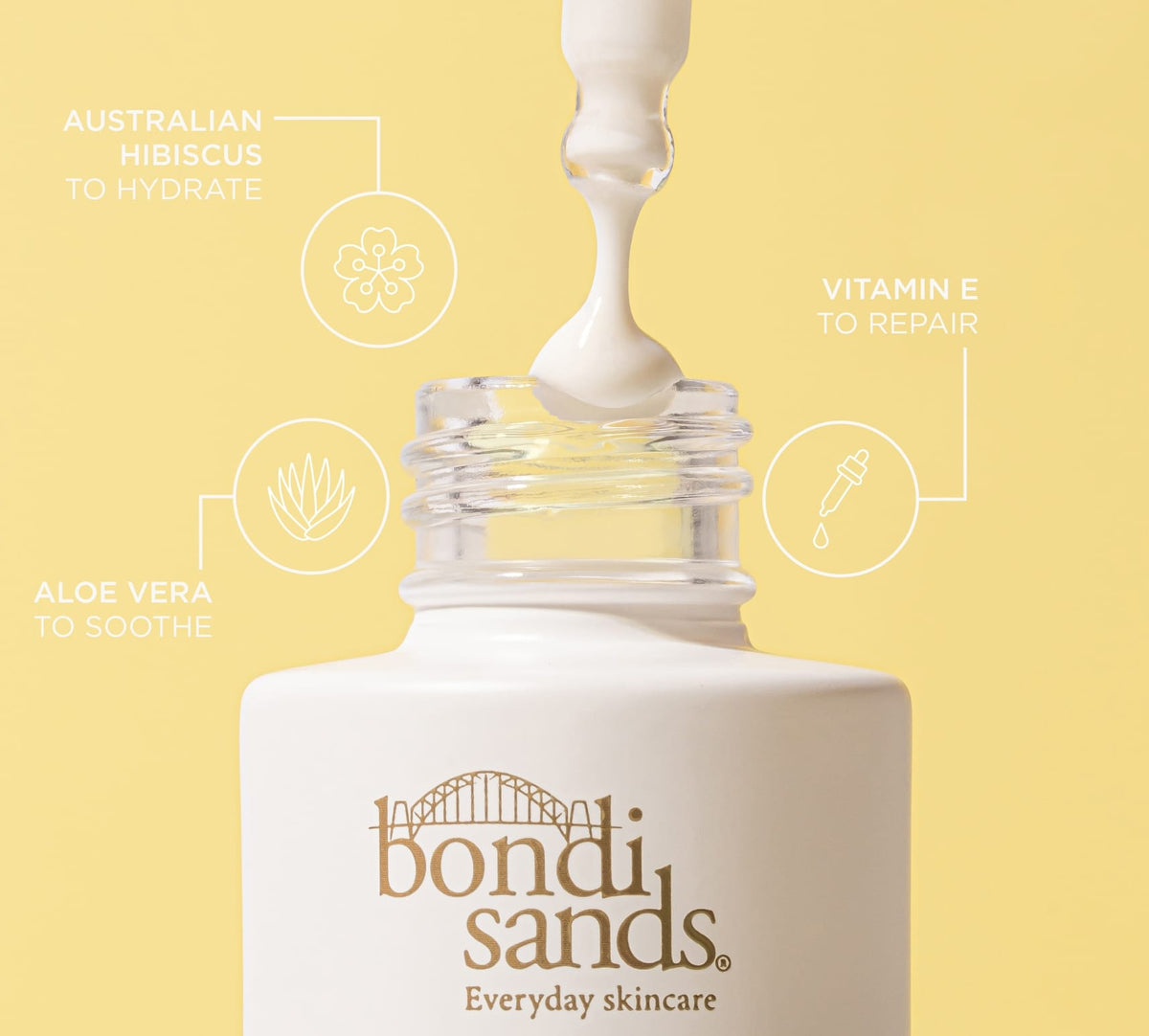 A dropper dispenses creamy serum into a white Sunny Daze Hydrating SPF 50+ Face Fluid Drops bottle by BondiSandsEU. Text highlights Australian hibiscus for hydration, aloe vera to soothe, and vitamin E to repair. Pale yellow background.
