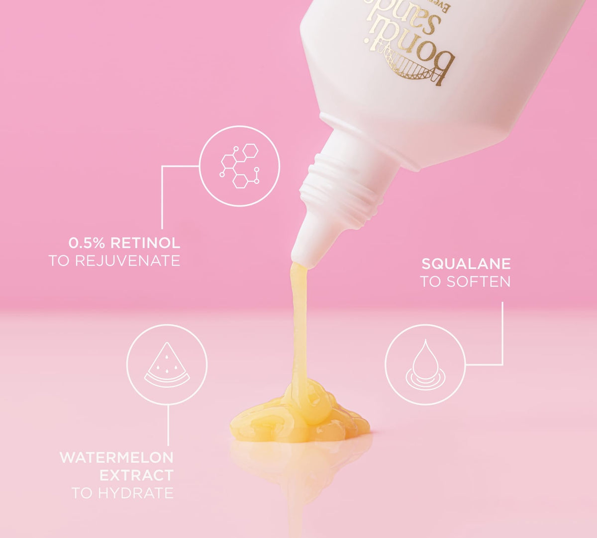 A white bottle of BondiSandsEU Baby Face Retinol Serum with yellow serum pouring out on a pink background. Features 0.5% retinol for rejuvenation, squalane for softness, and watermelon extract to hydrate and promote youthful skin.