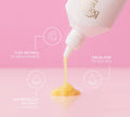A white bottle of BondiSandsEU Baby Face Retinol Serum with yellow serum pouring out on a pink background. Features 0.5% retinol for rejuvenation, squalane for softness, and watermelon extract to hydrate and promote youthful skin.