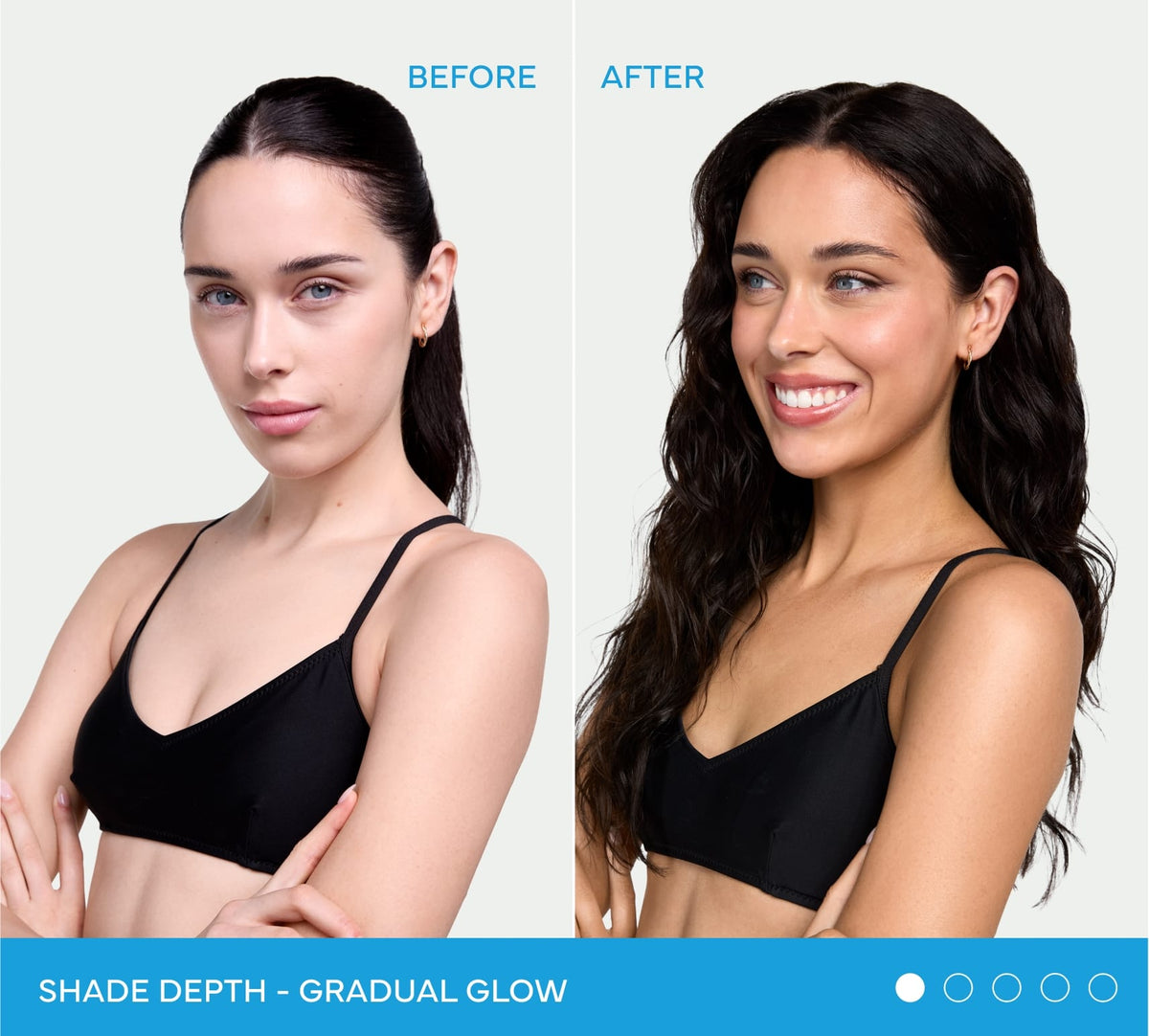 Before and after images of a woman showing a gradual increase in skin tan depth using BondiSandsEU Gradual Self Tanning Face Lotion.