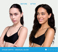 Before and after images of a woman showing a gradual increase in skin tan depth using BondiSandsEU Gradual Self Tanning Face Lotion.