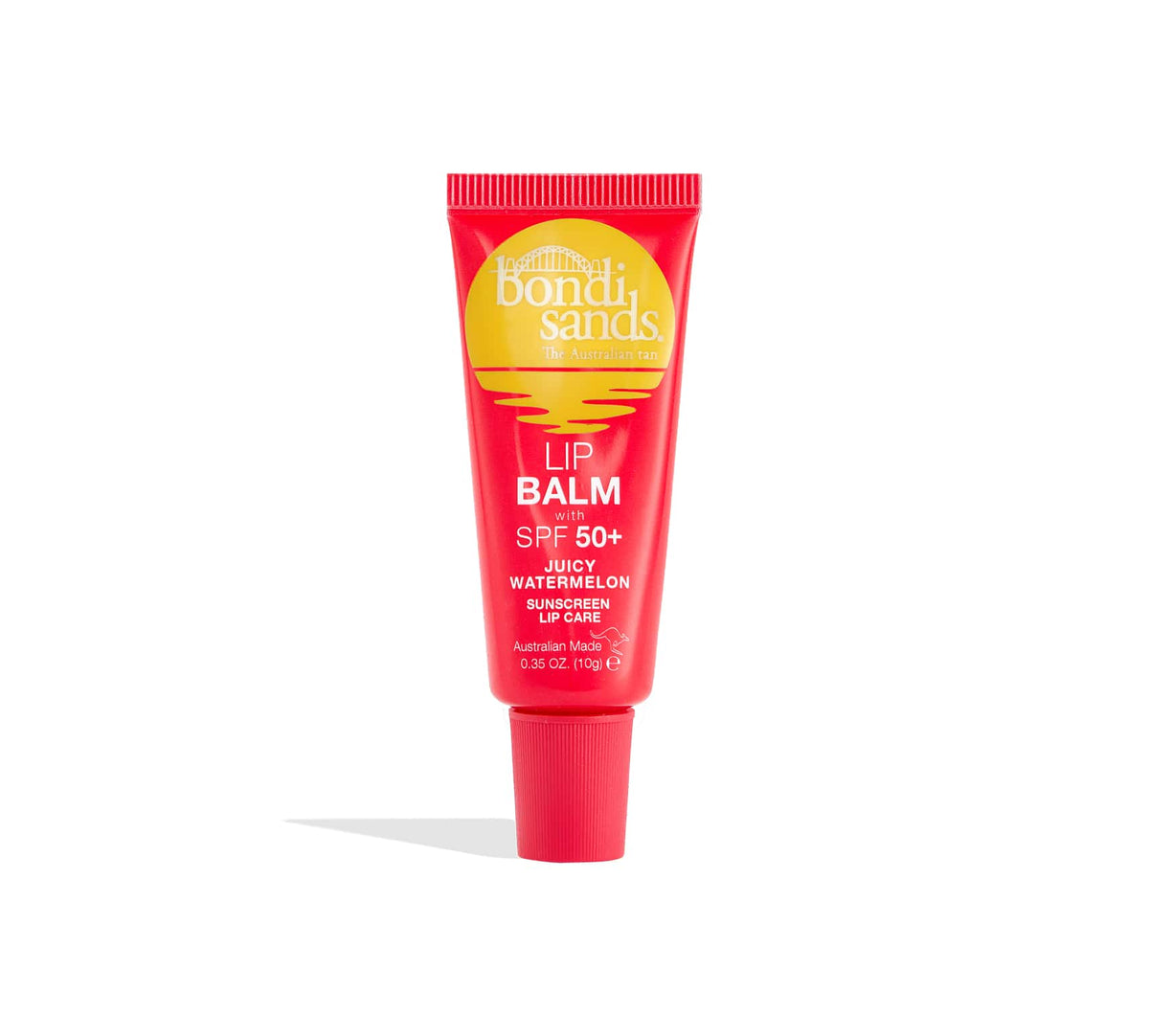 A red tube from the BondiSandsEU SPF 50+ Lip Balm Bundle in Juicy Watermelon stands upright on a white background. The packaging shows yellow and white designs, providing high sun protection for your lips.