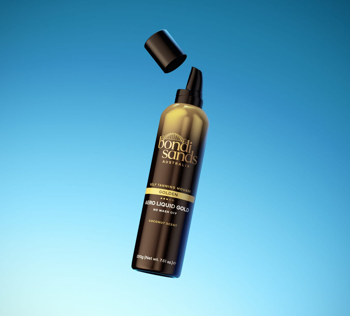 A BondiSandsEU Liquid Gold Aero Self Tanning Mousse Bundle, with the cap off, floats against a gradient blue background beside an application mitt. Its gold and black label clearly displays all product details.