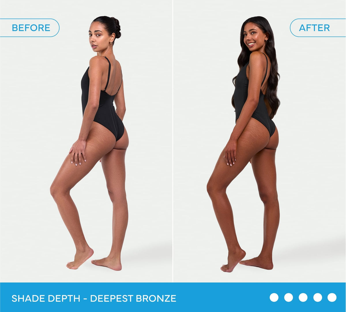 Side-by-side comparison of a woman before and after using BondiSandsEU Ultra Dark Self Tanning Routine Bundle. Left: natural skin; right: significantly deeper, bronzed shade. Text: SHADE DEPTH – DEEPEST BRONZE.