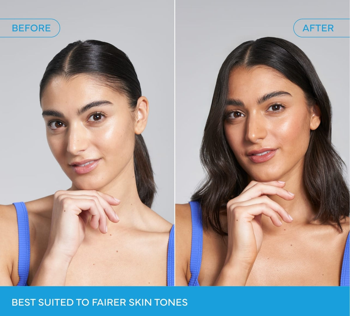Side-by-side photos of a woman before and after using BondiSandsEU Sapphire Technocolor Self Tanning Face Serum, labeled BEFORE and AFTER. The after image shows warmer skin and enhanced makeup. Text: BEST SUITED TO FAIRER SKIN TONES.