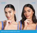 Side-by-side photos of a woman before and after using BondiSandsEU Sapphire Technocolor Self Tanning Face Serum, labeled BEFORE and AFTER. The after image shows warmer skin and enhanced makeup. Text: BEST SUITED TO FAIRER SKIN TONES.