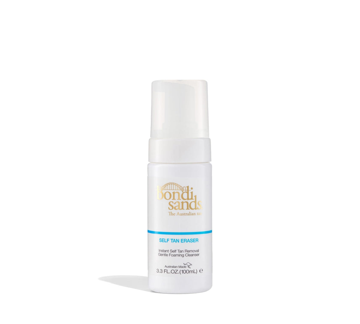 A white bottle from the BondiSandsEU Starter Bundle stands upright on a white background, featuring a clear cap, gold and blue text, and a blue stripe near the bottom.