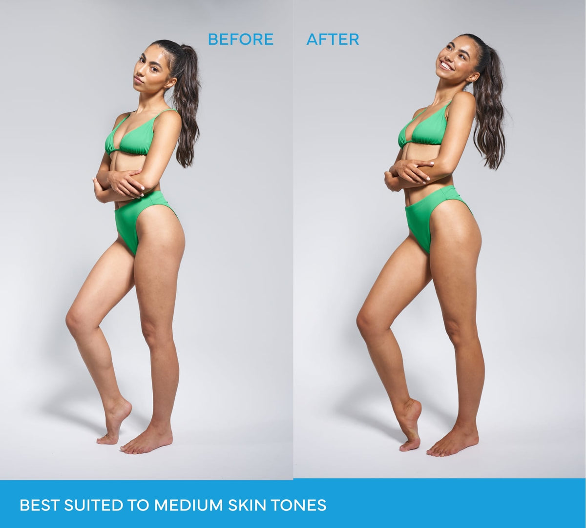 A woman in a green bikini shows a before and after comparison of Emerald Technocolor 1 Hour Express Self Tanning Foam, with text at the bottom noting it is best suited for medium skin tones.