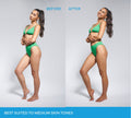 A woman in a green bikini shows a before and after comparison of Emerald Technocolor 1 Hour Express Self Tanning Foam, with text at the bottom noting it is best suited for medium skin tones.