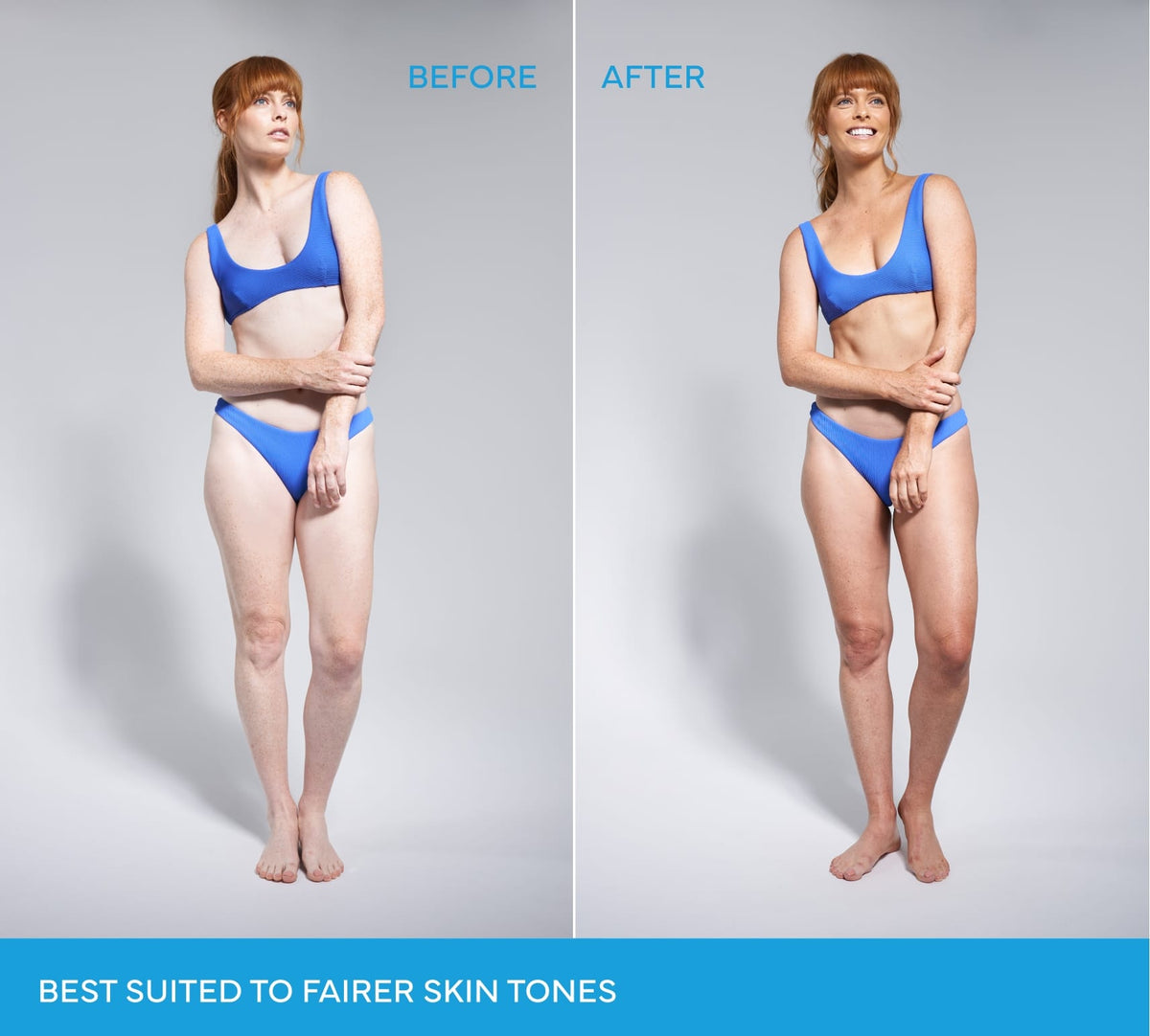 A side-by-side comparison of a woman in a blue bikini showing her skin tone before and after using BondiSandsEU Sapphire Technocolor 1 Hour Express Self Tanning Foam, with the text Best suited to fairer skin tones at the bottom.