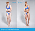 A side-by-side comparison of a woman in a blue bikini showing her skin tone before and after using BondiSandsEU Sapphire Technocolor 1 Hour Express Self Tanning Foam, with the text Best suited to fairer skin tones at the bottom.
