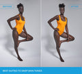 Side-by-side images show a woman with deep skin tone in an orange swimsuit, posing on one leg; "Before" left, "After" right displays enhanced color contrast. Text: BondiSandsEU Caramel Technocolor 1 Hour Express Self Tanning Foam—tailored for deep skin tones.