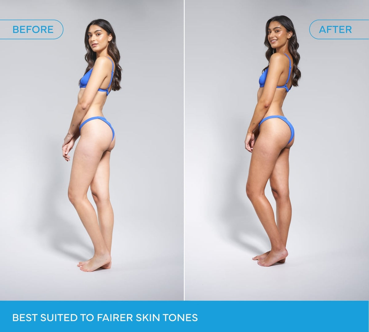 Side-by-side comparison of a woman in blue swimwear: Before shows her natural fair skin, while After reveals a radiant glow from BondiSandsEU Sapphire Technocolor 1 Hour Express Self Tanning Foam. Best for fairer skin tones.