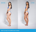 Side-by-side comparison of a woman in blue swimwear: Before shows her natural fair skin, while After reveals a radiant glow from BondiSandsEU Sapphire Technocolor 1 Hour Express Self Tanning Foam. Best for fairer skin tones.