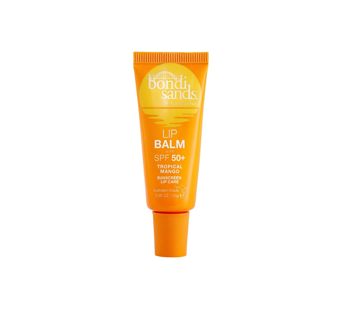 A BondiSandsEU SPF 50+ Lip Balm Bundle in Tropical Mango flavor, with bold white and yellow text on an orange tube, stands upright on a white background—delivering hydration and essential sun protection for your lips.