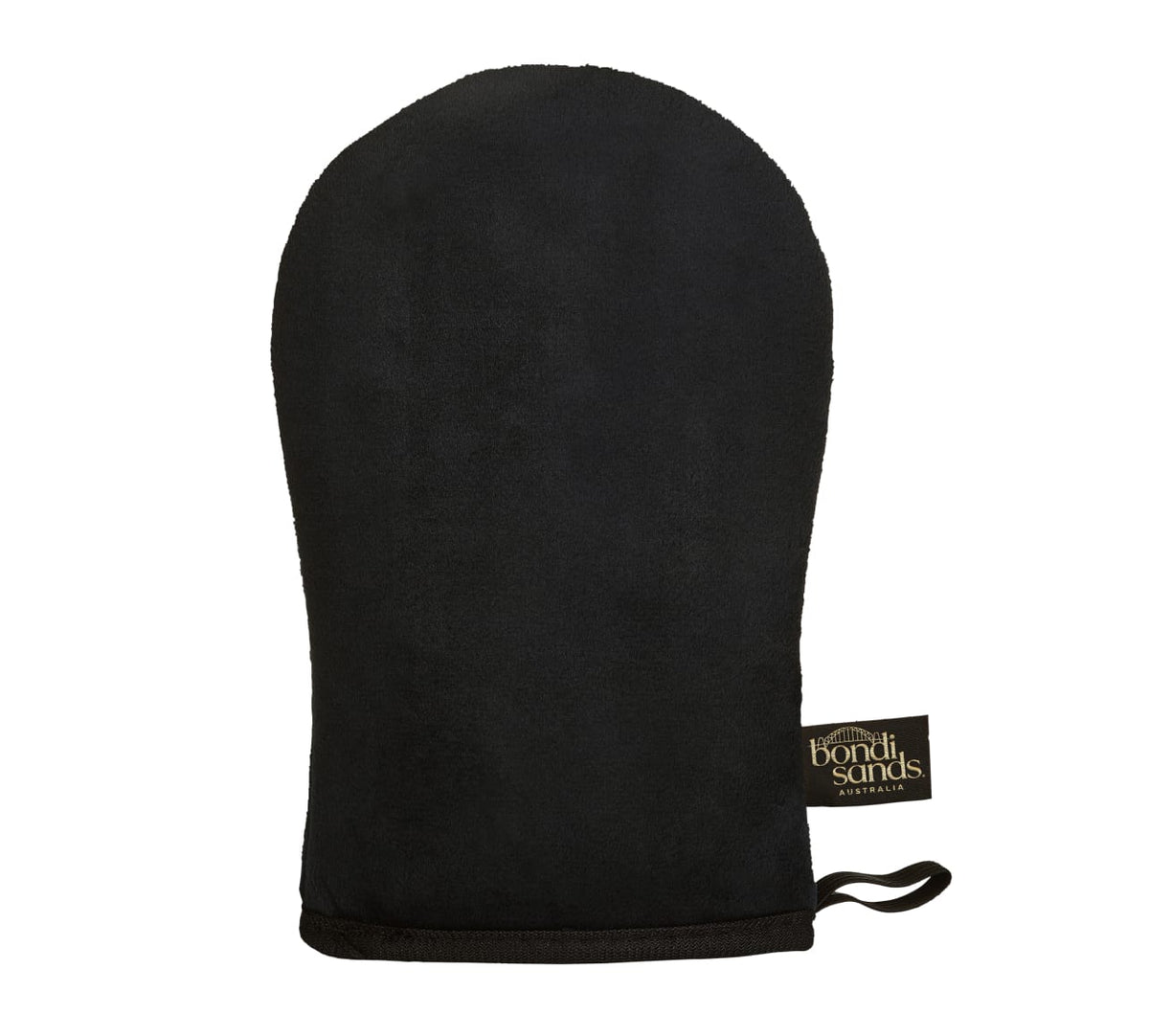 The BondiSandsEU Ultra Dark Self Tanning Foam & Application Mitt Bundle includes a black, velvety thumb-shaped mitt with a Bondi Sands Australia tag and loop, designed for effortless self-tan application.