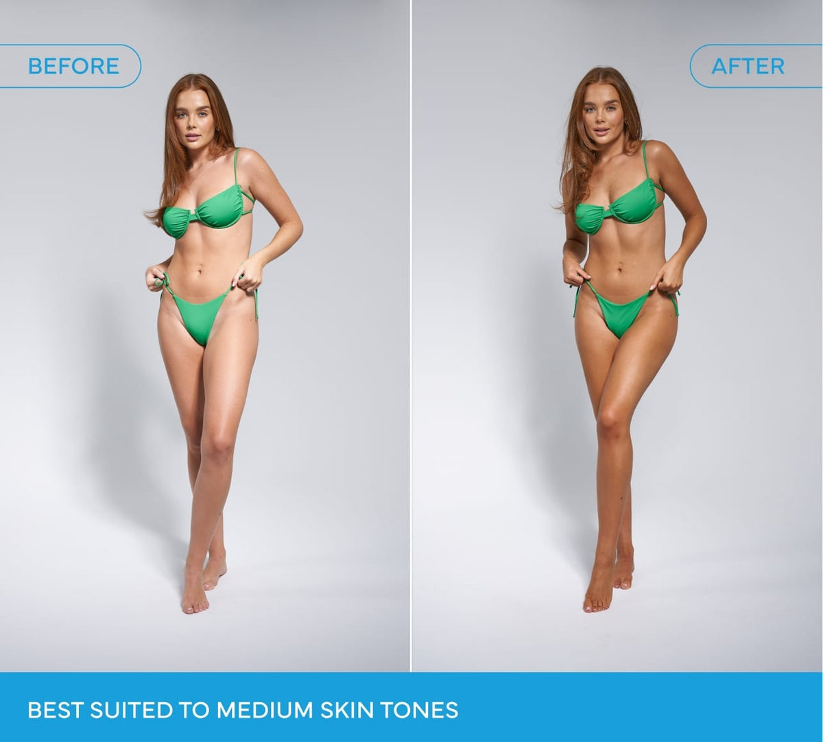 Before and after photos of a woman with medium skin tone in a green bikini highlight the results of BondiSandsEU's Emerald Technocolor 1 Hour Express Self Tanning Foam, showing its suitability for medium skin against a plain background.