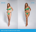 Before and after photos of a woman with medium skin tone in a green bikini highlight the results of BondiSandsEU's Emerald Technocolor 1 Hour Express Self Tanning Foam, showing its suitability for medium skin against a plain background.