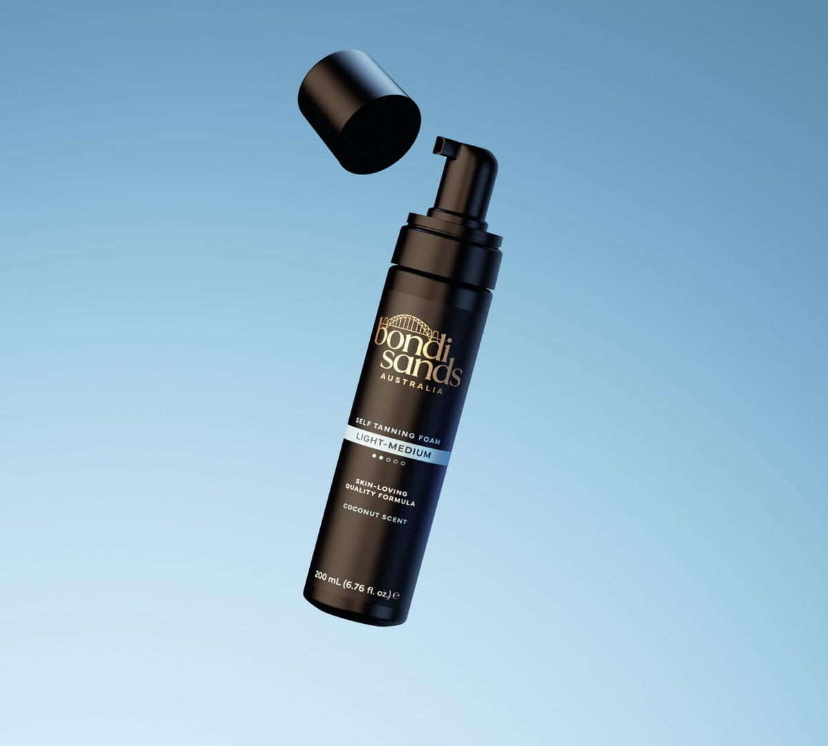A bottle of BondiSandsEU Light/Medium Self Tanning Foam with its cap off floats against a blue gradient background, offering a flawless finish and natural glow.