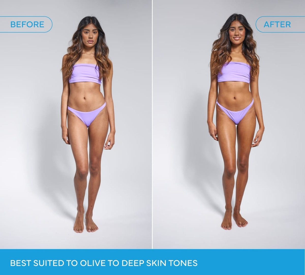 Side-by-side of a woman with medium skin in a lavender bikini, labeled Before and After, shows subtle results from using BondiSandsEU Magenta Technocolor 1 Hour Express Self Tanning Foam. Best suited to olive to deep skin tones.