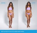 Side-by-side of a woman with medium skin in a lavender bikini, labeled Before and After, shows subtle results from using BondiSandsEU Magenta Technocolor 1 Hour Express Self Tanning Foam. Best suited to olive to deep skin tones.