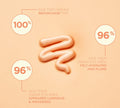 BondiSandsEU's Eye Spy Vitamin C Eye Cream, shown swirled on a peach background, is surrounded by infographics with 100%, 96%, and 96% positive responses for repurchasing, brightening under eyes, and targeting dark circles and hydration.
