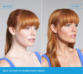 Side-by-side photos show a fair-skinned woman with red hair “before” (straight, tied back) and “after” (wavy, loose). Text below: “Best suited to fair skin – Sapphire Technocolor Self Tanning Face Serum by BondiSandsEU.”.