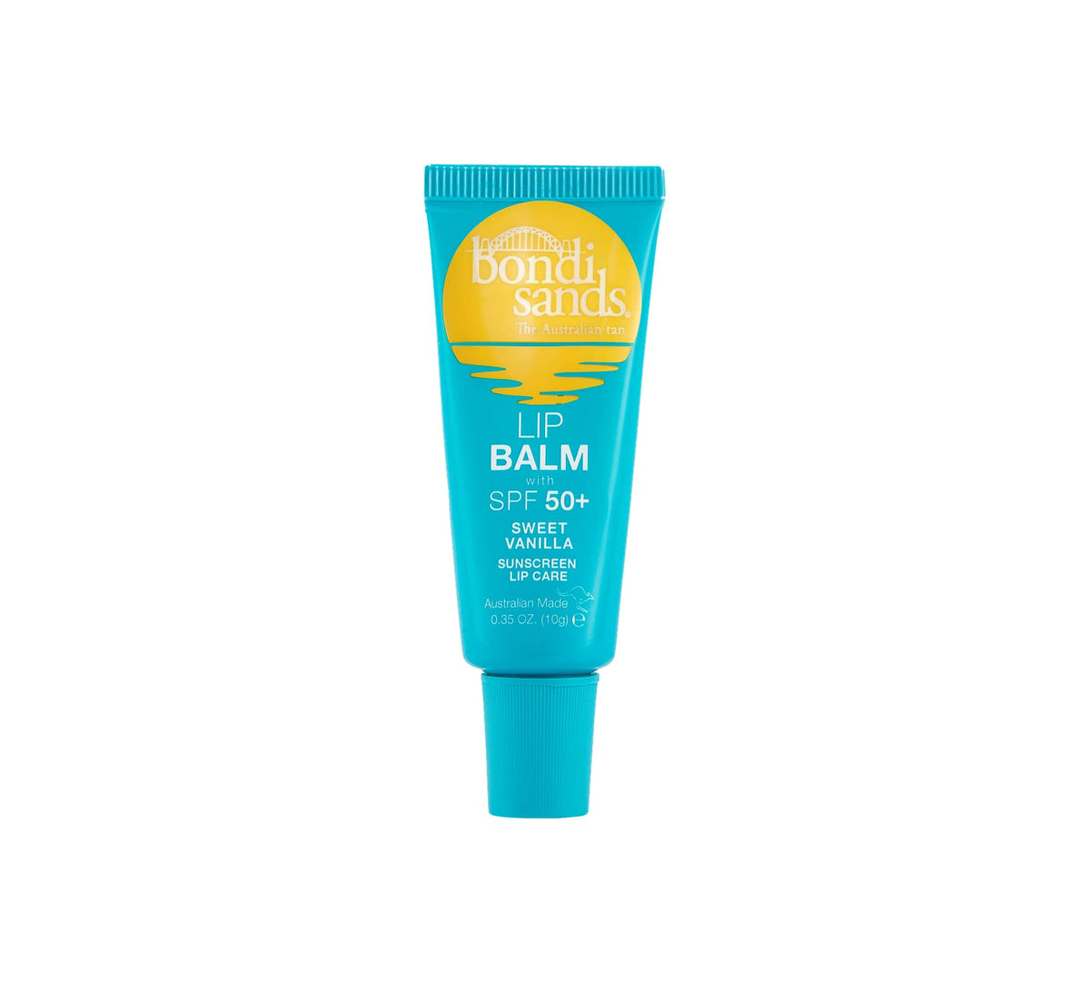 A turquoise tube from the BondiSandsEU SPF 50+ Lip Balm Bundle in sweet vanilla, with yellow and white text plus a sun graphic on the label. This hydrating 10g (0.35 oz) lip balm provides high sun protection.