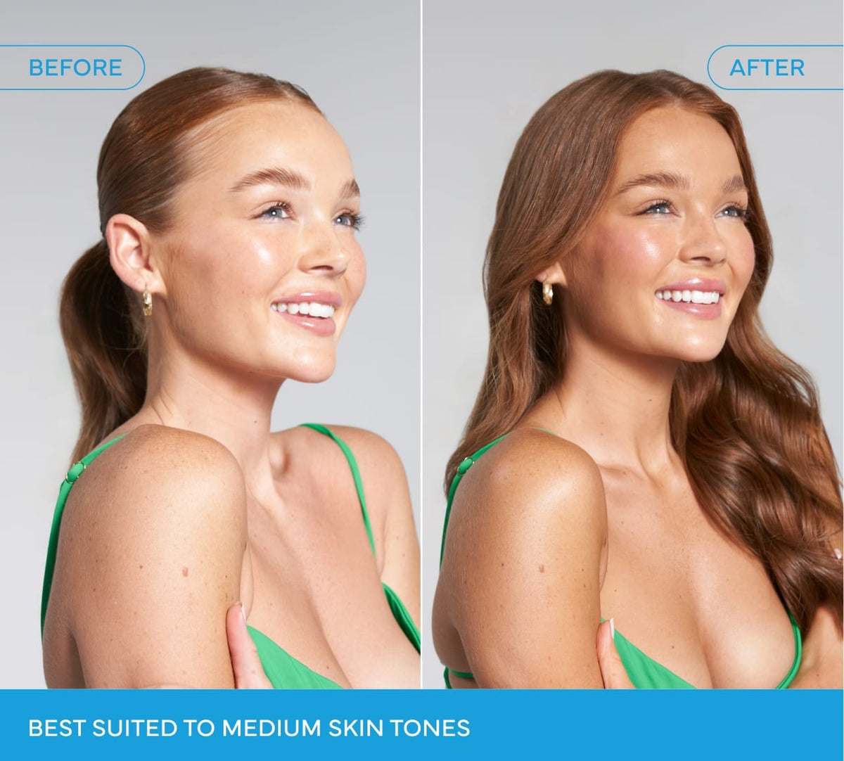 Side-by-side comparison of a woman before and after using BondiSandsEU Emerald Technocolor Self Tanning Face Serum. On the right, her glowing olive-toned skin and green top stand out. Text: BEST SUITED TO MEDIUM SKIN TONES.