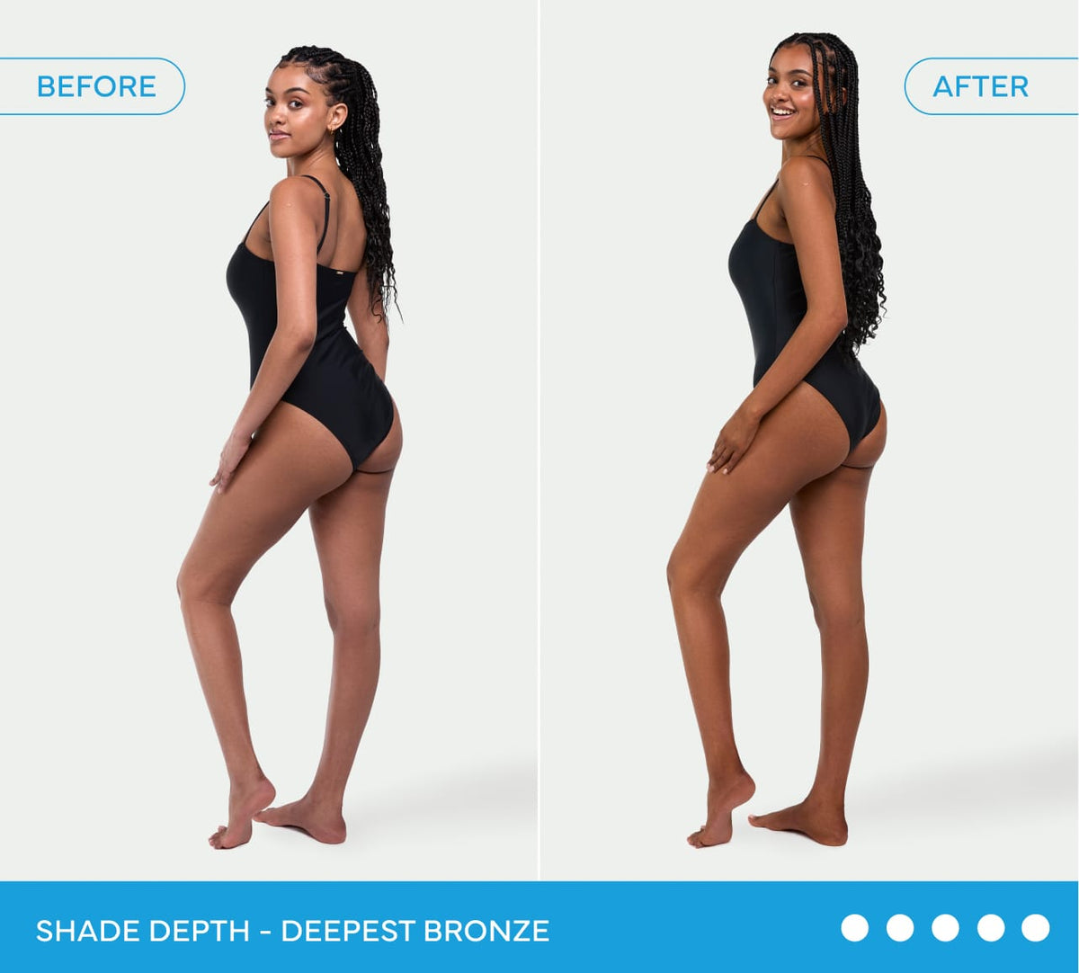 Side-by-side photos show a woman in a black swimsuit: Before with lighter skin, After with a deep bronze glow using BondiSandsEU Ultra Dark Aero Self Tanning Mousse & Application Mitt Bundle. Text: Shade Depth - Deepest Bronze (4 filled circles).